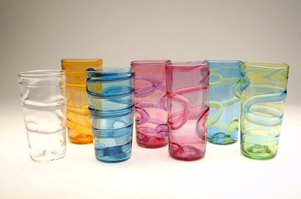 Oxbow hand blown glass tumblers are each approx.14 x 7 cm. You can feel the swirl of the contrasting coloured glass trail.  Each sold separately.