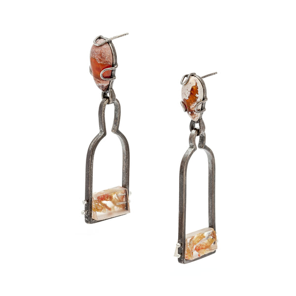 Drop earrings in oxidized sterling silver with fire opals, freshwater pearls and shrimp.