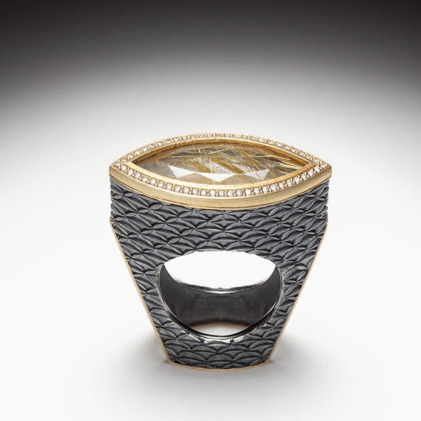Hand stamped sterling silver ring with rutilated quartz and diamonds set in 18k gold