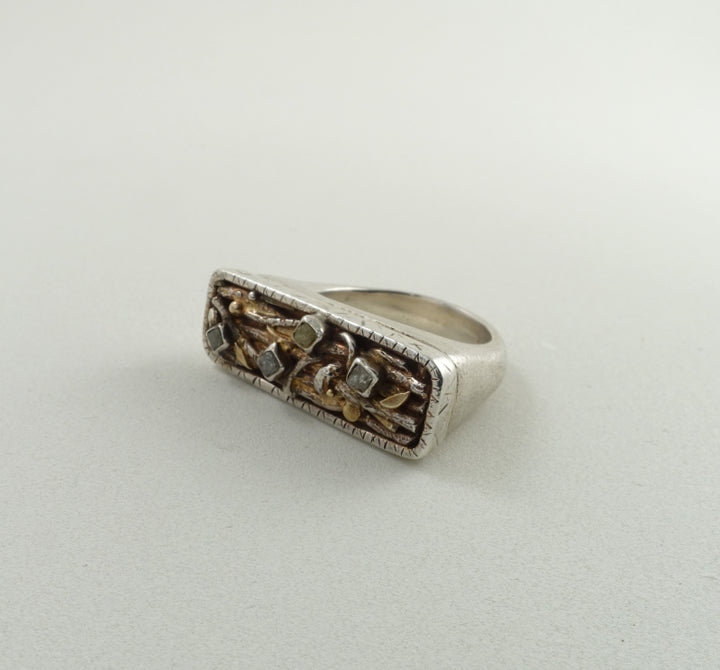 One-of-a-kind ring with four rough diamonds and 18k gold detailing. The design, featuring forms of leaves and branches within a rounded rectangle, was inspired by a forest floor.