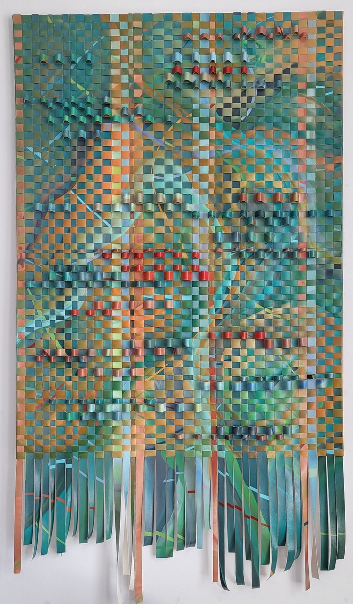 Woven Work 11. The artist has meticulously hand-cut and woven her own acrylic on canvas paintings. 